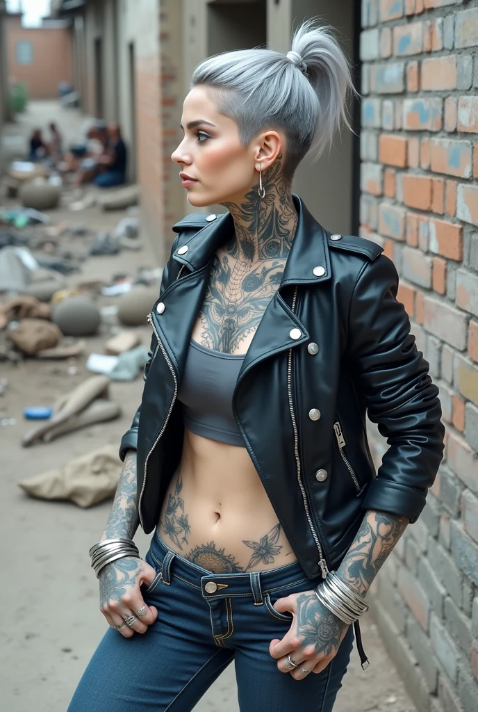 russian milf woman, grey hair (high pouf, shaved sides, bun), with very light blue eyes, extremely pale skin. All neck tattooed. All stomach tattoed. All chest tattooed.All hands tattooed.Wearing aged black moto jacket with lots of zippers and pins, flipped up collar. Cropped dark grey t-shirt with rock band logo. Dark blue skinny low rise jeans.. wide black studded belt. Leaning back on a graffitied brick wall with hands in pockets, chin up, stretching her neck , humble facial expression.. Listening with tilted head, looking up to somebody more clever speaking to her. Well toned abdominals, thin neck, slim legs and thin arms. Narrow hips. Dirt street in Kenyan village full of waste. Lots of silver bracelets. A lot of tanned fat women in traditional dresses around looking down at her