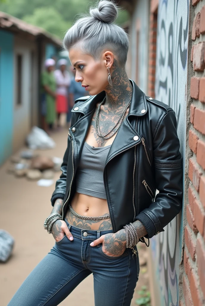 russian milf woman, grey hair (high pouf, shaved sides, bun), with very light blue eyes, extremely pale skin. All neck tattooed. All stomach tattoed. All chest tattooed.All hands tattooed.Wearing aged black moto jacket with lots of zippers and pins, flipped up collar. Cropped dark grey t-shirt with rock band logo. Dark blue skinny low rise jeans.. wide black studded belt. Leaning back on a graffitied brick wall with hands in pockets, chin up, stretching her neck , humble facial expression.. Listening with tilted head, looking up to somebody more clever speaking to her. Well toned abdominals, thin neck, slim legs and thin arms. Narrow hips. Dirt street in Kenyan village full of waste. Lots of silver bracelets. A lot of tanned fat women in traditional dresses around looking down at her