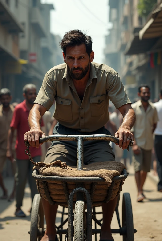 Messi as a poor rickshaw puller.