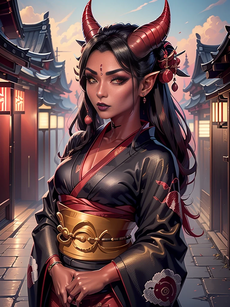 1girl, female, solo, tiefling, ((red skin, red colored skin, deep red skin)), Woman, jewelery, ear piercings, (straight black horns, black oni horns), black hair, long hair, yellow eyes, black lips, choker, goth, horn ornament, armour, ((master piece, best quality)), horns, pointed ears, make-up, black lipstick, (face detailed), face focus, portrait, fully body, (kimono:1.2), wearing black kimono, long flowing kimono, natural breasts, medium breasts, (red skin)