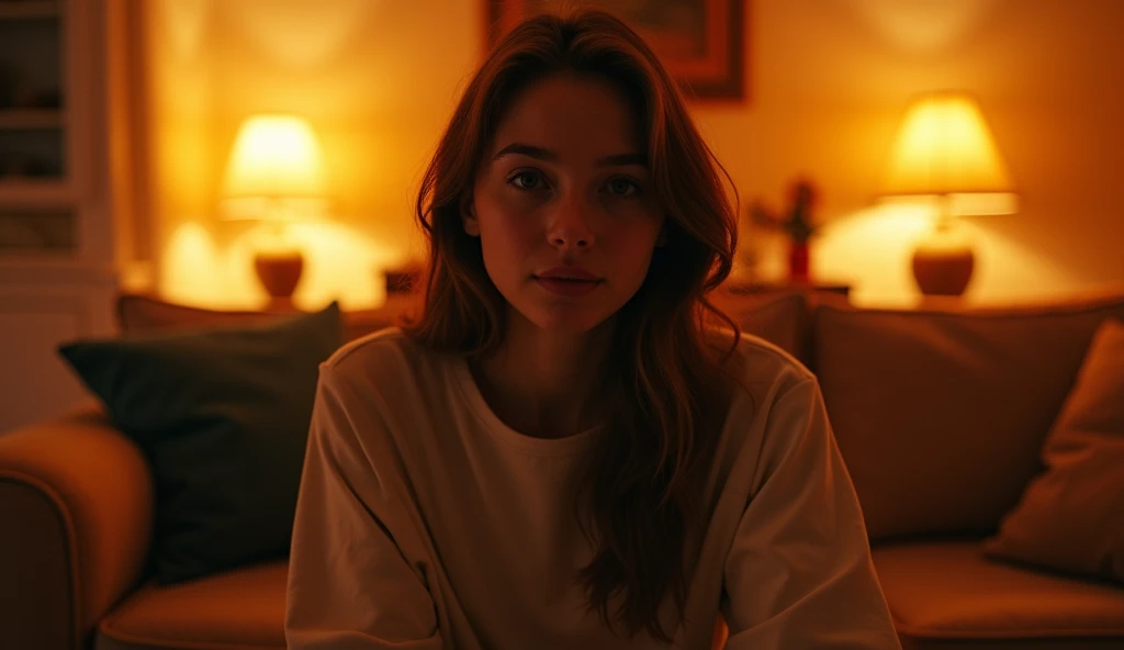 A highly realistic, high-contrast, 8K HD, detailed, hyper-detailed image of a single young woman sitting on a sofa in an American-style room, illuminated by warm, orange lighting. The room is cozy with modern furniture, and the atmosphere is relaxed as she looks directly at the camera, prepared for a lip-sync video. Her face is clearly visible with a neutral expression, and her hairstyle is distinct, making it easy to replicate in future scenes. The scene captures the intimate and focused setting of the woman in a comfortable, inviting environment.
