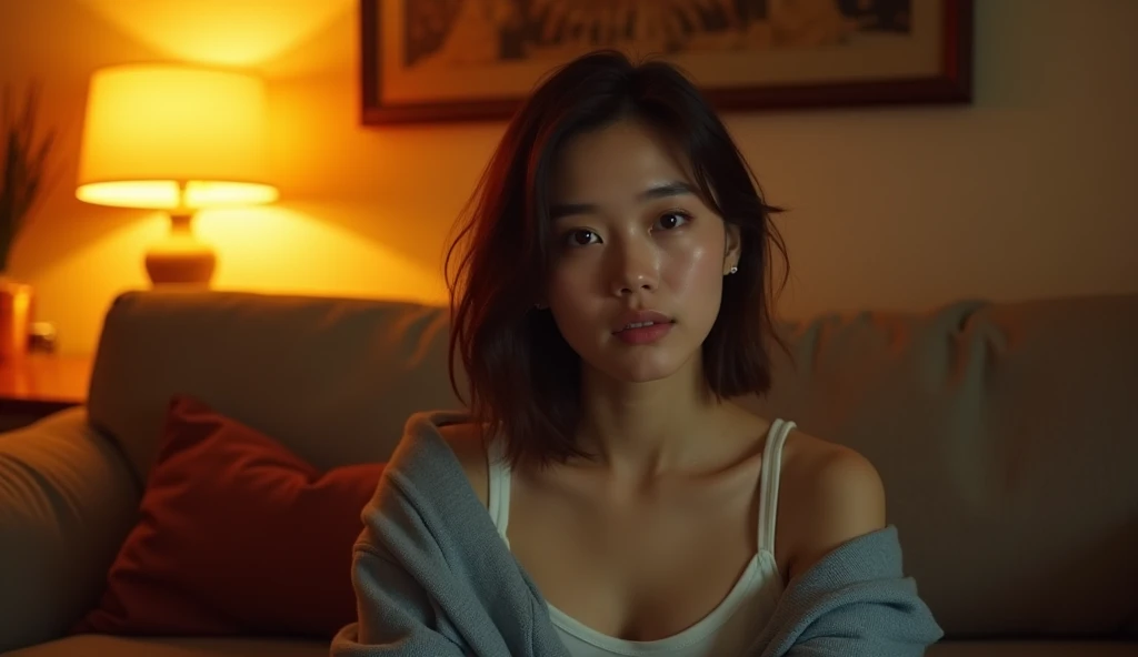A highly realistic, high-contrast, 8K HD, detailed, hyper-detailed image of a single young woman sitting on a sofa in an American-style room, illuminated by warm, orange lighting. The room is cozy with modern furniture, and the atmosphere is relaxed as she looks directly at the camera, prepared for a lip-sync video. Her face is clearly visible with a neutral expression, and her hairstyle is distinct, making it easy to replicate in future scenes. The scene captures the intimate and focused setting of the woman in a comfortable, inviting environment.