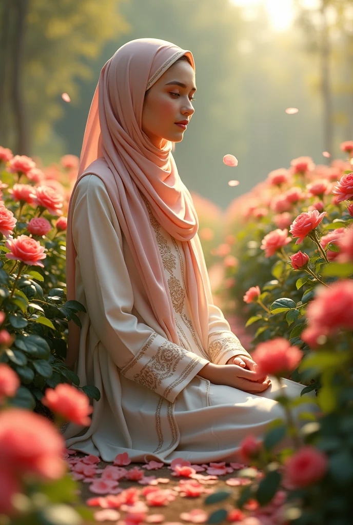 Generate the aesthetic picture of a Muslim girl sitting in the Rose garden