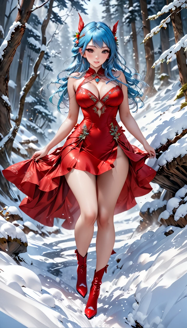 (oil painting art: 1.5) a most beautiful fairy playing in the snow, a beautiful fairy, dynamic hair color, dynamic hair style, busty, wearing red silk dress, intricate silk, wearing high heels boots, she is playing the snow, fresh snow in the forest, high snow, High Detail, Ultra High Quality, High Resolution, 16K Resolution, Ultra HD Pictures, Ultra Realistic, Clear Details, Realistic Detail, Ultra High Definition
