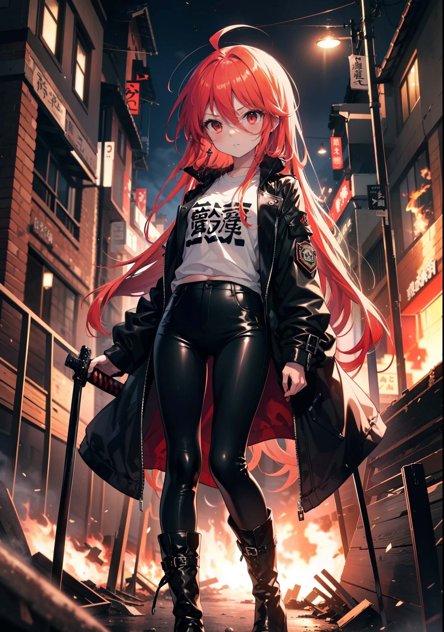 Shana,灼眼のShana,Long Hair, Redhead, Red eyes, Ahoge,Small breasts,Serious face,Black rider jacket,black t-shirts,Leather pants,boots,rubble,The town is collapsing,Explosive flame,A long Japanese sword engulfed in flames:One is stuck in the ground,night,moonlight,Are standing,whole bodyがイラストに入るように,　　　　　　　　　　　　　break outdoors, construction area,　　　　　　　　　　　　　　　break looking at viewer, whole body, 　　　　　　　　break (masterpiece:1.2), Highest quality, High resolution, unity 8k wallpaper, (shape:0.8), (Beautiful attention to detail:1.6), Highly detailed face, Perfect lighting, Highly detailed CG, (Perfect hands, Perfect Anatomy),