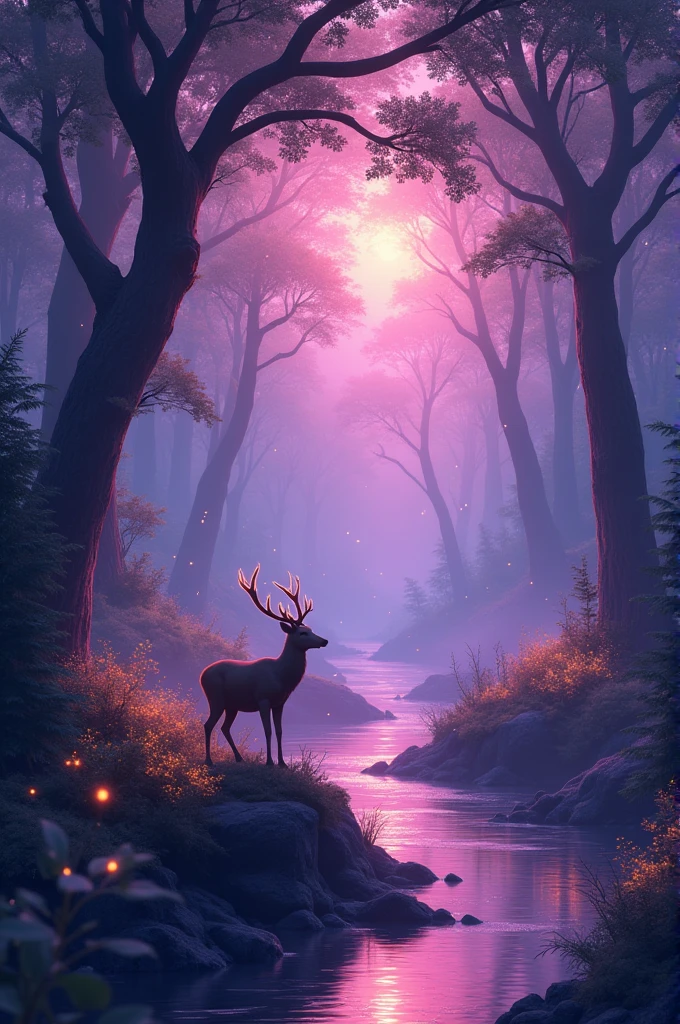 Enchanted Forest with lots of fireflies with a Deer at the side and river across. Make the scenery color purple pink and nature green