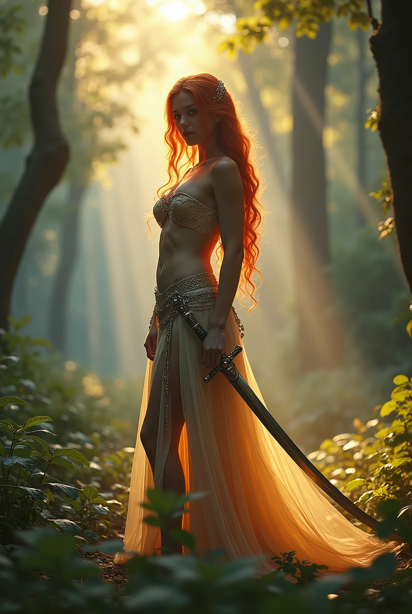 A serene and mystical forest, replete with ancient trees and soft, emerald undergrowth, serves as the backdrop for a captivating scene. A powerful warrior, curves accentuated by a strapless, very short sexy gown adorned with intricate, metallic accents, stands resolute. Her porcelain skin glistens in the warm, golden light of a soft-box setup, illuminating her defined features and fiery red locks, which cascade down her back like a falling river of flame. Her sensuous lips curve into a subtle, triumphant smile, as she grasps a gleaming, curved sword in her right hand. The garment's V-neckline plunges, revealing a hint of toned shoulders. The surrounding foliage seems to glow, infused with an ethereal, soft-blue hue, courtesy of a subtle, color grading process. A warm, daylight film stock, with a subtle, organic film grain, lends an air of cinematic authenticity to the scene. The lens, with a subtle, " Personality" attachment, captures the curves and texture of the forest surroundings, imbuing the scene with visual depth and dimensionality. The atmosphere is tranquil, with the sound design subtly incorporating the soft rustling of leaves and distant, mystical chanting. In the distance, a faint, crescent moon hangs low in the sky, casting an additional, soft glow over the environment.