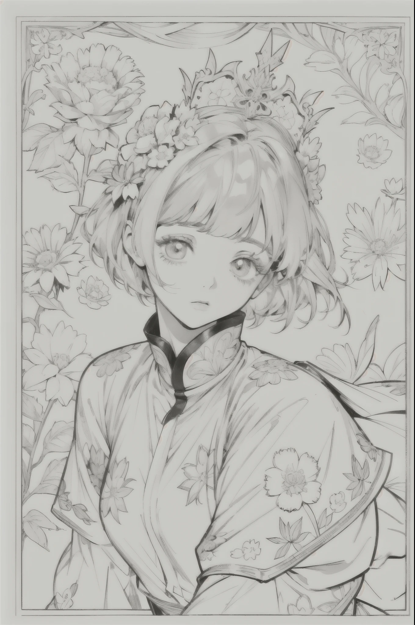 As a coloring book, the colors should be white and black, the border should be simple, clear, distinct and thick lines. Cartoon picture book of beautiful Asian girl with short golden hair, best quality, high resolution, detailed background, clear skin, one girl, close up of head, floral background, clean line drawing