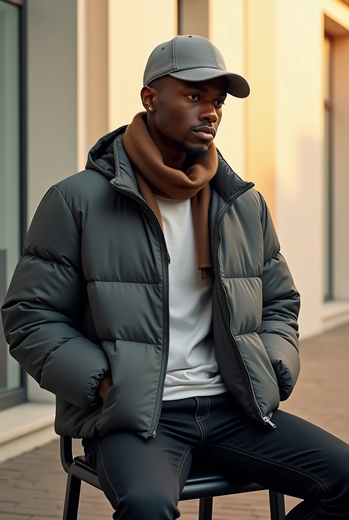 best qualityer:1.4), (ultra high resolution:1.2), (photorrealistic:1.4), (8k, CRU photo:1.2), 1 young black man, 20 years old. he is wearing a white shirt, gray puffer coat on top. He is wearing black jeans. Corte de cabelo buzzcut. He&#39;s wearing a gray cap backwards. He&#39;s wearing black sneakers. is sitting in a chair. Corte de cabelo buzzcut. thin build. It&#39;s not blurry in the background. thin build. thin build. has 1.75 tall. There is a sun . best qualityer:1.4), (ultra high resolution:1.2), (photorrealistic:1.4), (8k, CRU photo:1.2), 1.75 tall. He is wearing a brown scarf 