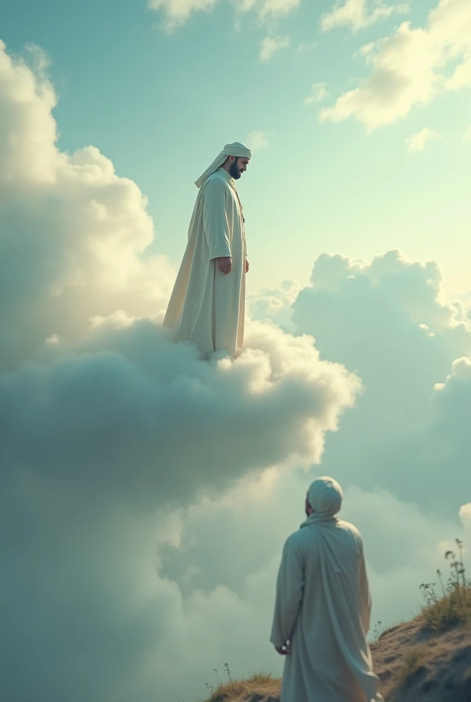 A Muslim man is standing on a cloud in the sky, and he is looking at a Muslim man on the ground, and this is happening in a dream.