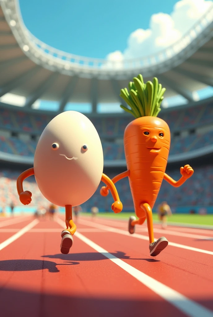  1 egg with legs running racing against 1 carrot with legs in olympics 100m running race