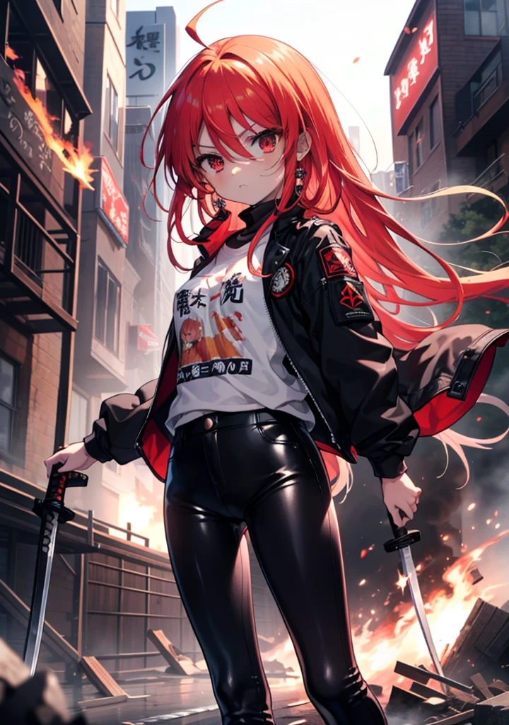 Shana,灼眼のShana,Long Hair, Redhead, Red eyes, Ahoge,Small breasts,Serious face,Black rider jacket,black t-shirts,Leather pants,boots,rubble,The town is collapsing,Explosive flame,A long Japanese sword engulfed in flames:One is stuck in the ground,night,moonlight,Are standing,whole bodyがイラストに入るように, break outdoors, construction area, break looking at viewer, whole body, break (masterpiece:1.2), Highest quality, High resolution, unity 8k wallpaper, (shape:0.8), (Beautiful attention to detail:1.6), Highly detailed face, Perfect lighting, Highly detailed CG, (Perfect hands, Perfect Anatomy),