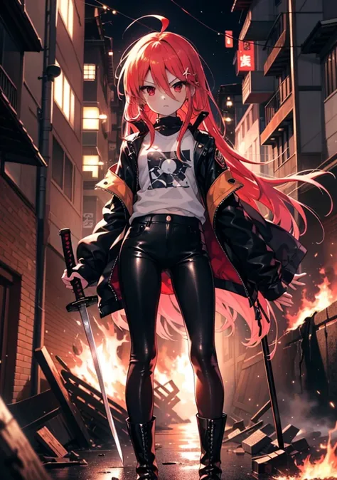 shana,灼眼のshana,long hair, redhead, red eyes, ahoge,small breasts,serious face,black rider jacket,black t-shirts,leather pants,bo...