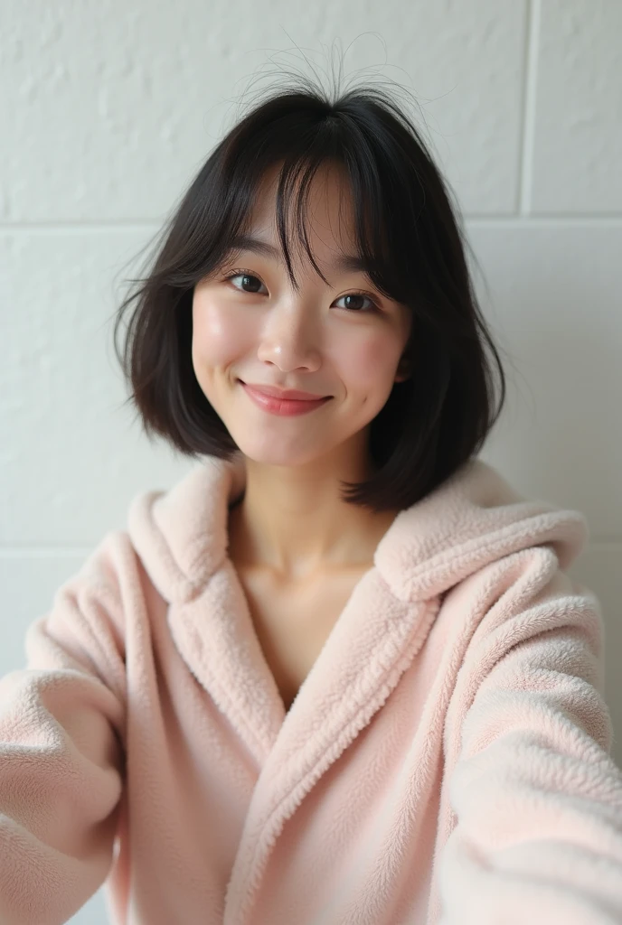 1, bob hairstyle, self-taken photo, white wallpaper, fluffy loungewear, smiling without showing teeth, cute