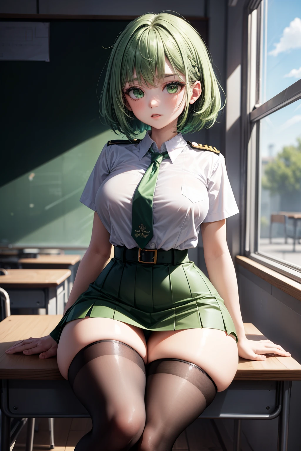 hair behind ear, makeup, light green hair, green hair, black hair, green and black gradient hair, short hair, straight hair, bangs, green eyes, (small breasts:0.7), white collared shirt, white shirt, buttoned shirt, green tie, black skirt, short skirt, thigh highs, black thigh highs, classroom, thick thighs, wide hips, thigh gap, thin waist, uniform, sitting down