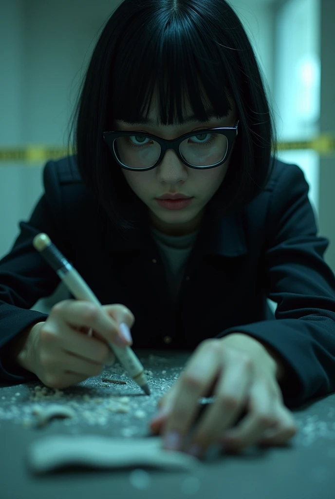 A European girl who works in the forensic science department, who examines a crime scene, this girl is wearing a black shirt with black rectangular glasses black bob haircut green eyes