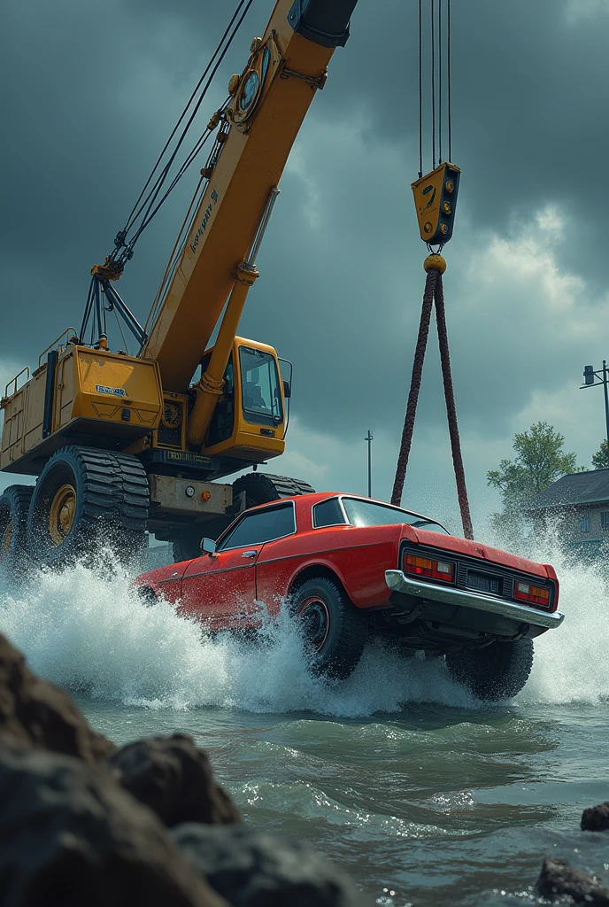 Crane driver saved a car from flood generate pictures