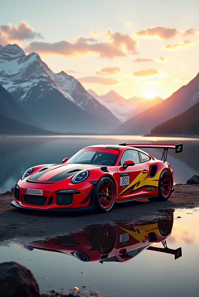 A Porsche GT3RS in Lightning McQueen livery stands in the mountains by a lake and in the background you can see mountain peaks over which the sun is just rising