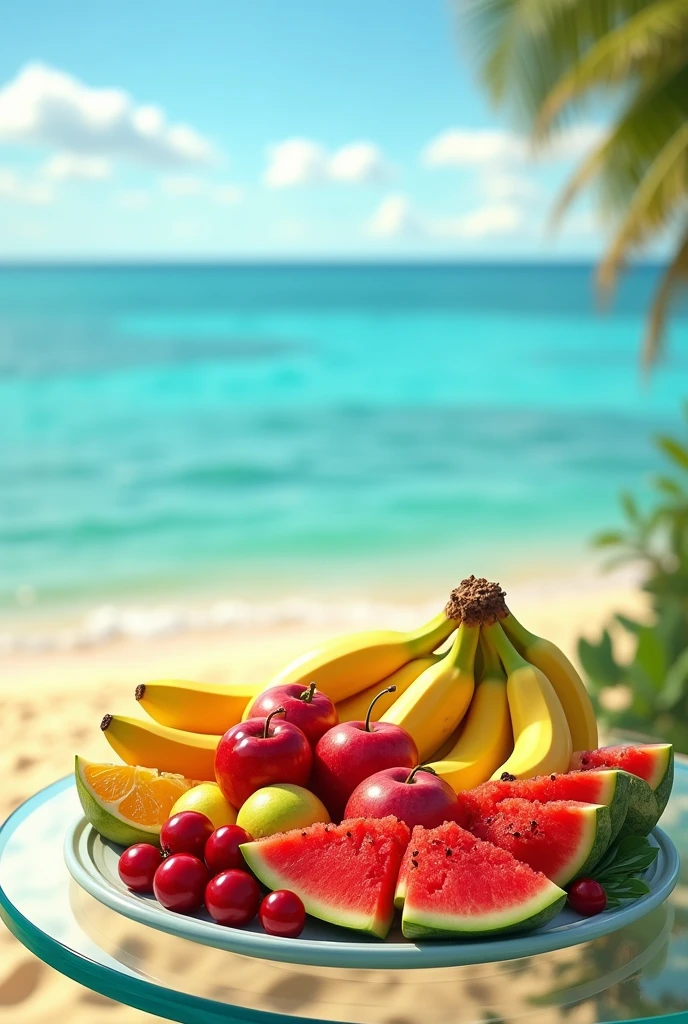 plat de fruits composés de bananes, cerises bien rouges, pommes, melon, pastèques. le plat est déposé sur une table en verre face à la mer sur la plage de sable doré. le soleil brille, le ciel est bleu.
