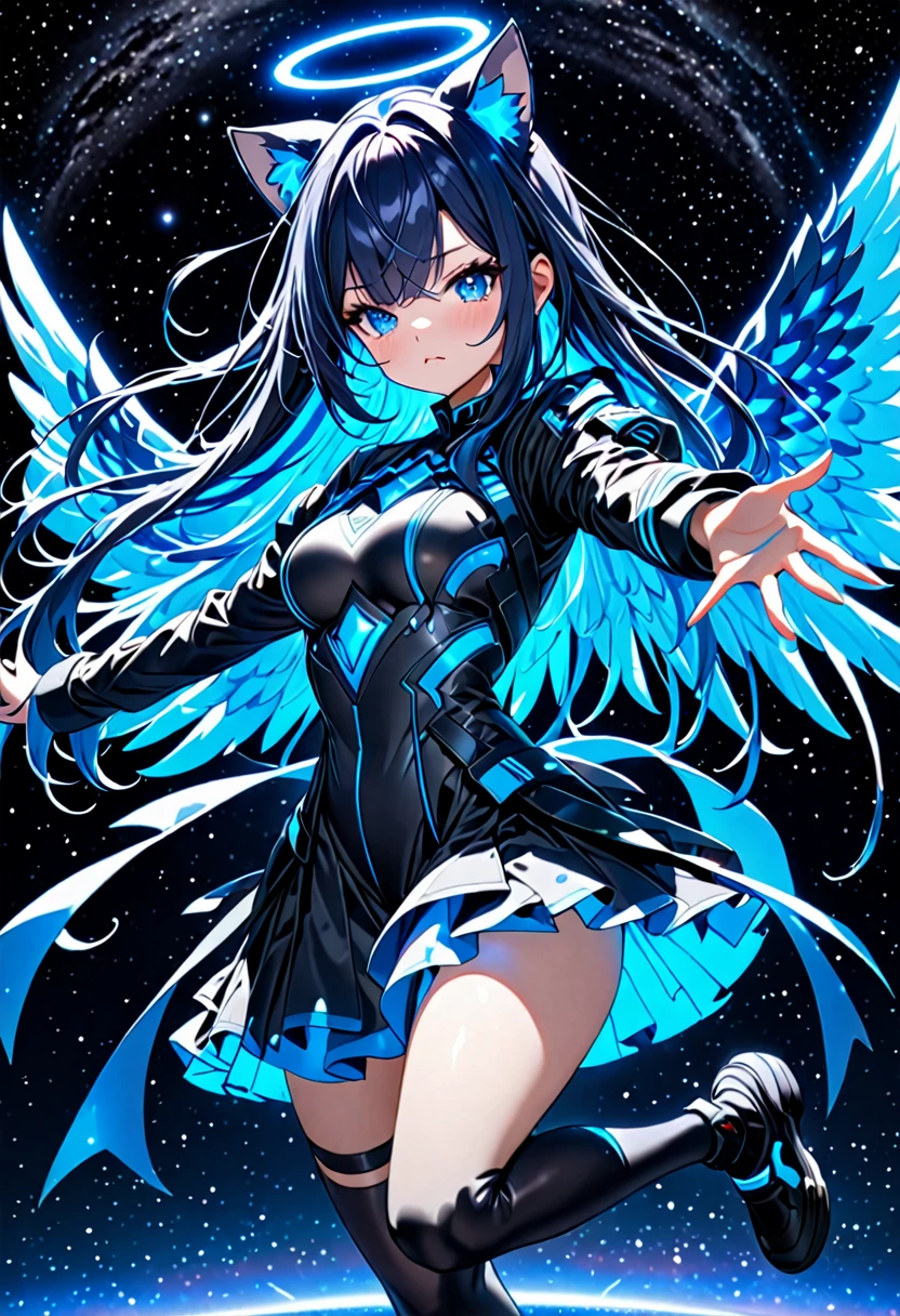 8K Ultra High-Quality, ultra-detailed, High quality, Dark Blue hair, Neon Blue Inner layer hair, Long hair, Cat ears, Neon blue wings, Neon Blue Halo, full body, space background, dominance pose, floating, close up