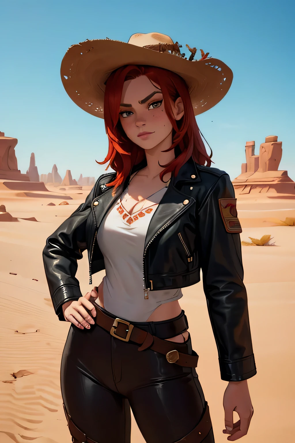 cowboy,a girl,cowboy hat,leather jacket,Red hair,Caucasian,freckle,beautiful,desert,Horizontal light and shadow,Disney style,masterpiece, best quality,, Maximum details, Intricate details, very clear
