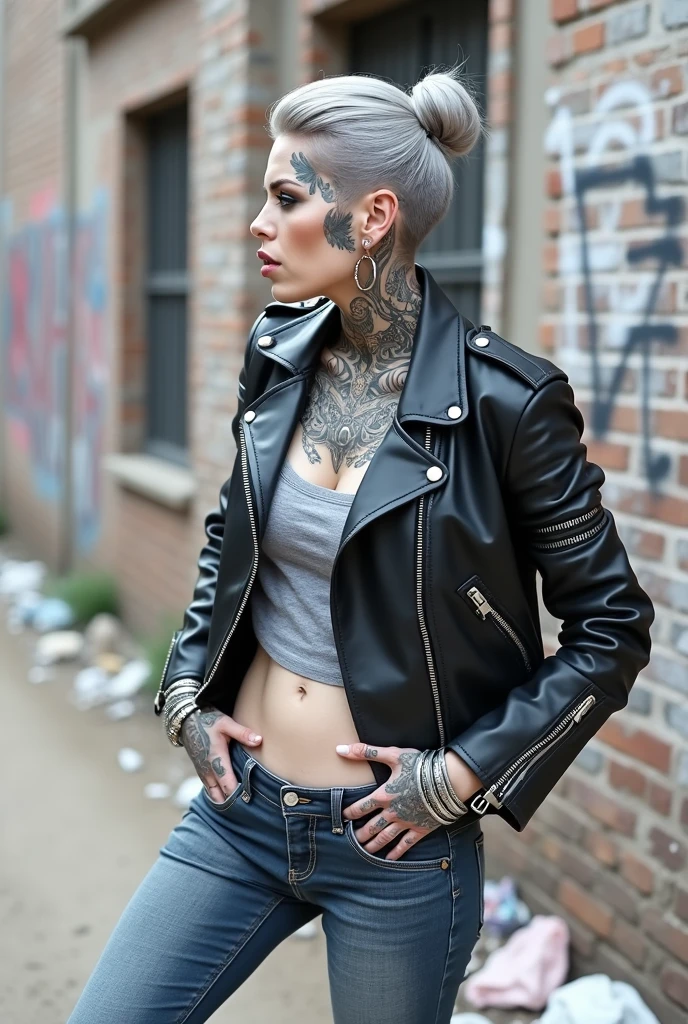 russian milf woman, grey hair (high pouf, shaved sides, bun), with very light blue eyes, extremely pale skin. All neck tattooed. All stomach tattoed. All chest tattooed.All hands tattooed.Wearing aged black moto jacket with lots of zippers and pins, flipped up collar. Cropped dark grey t-shirt with rock band logo. Dark blue skinny low rise jeans.. wide black studded belt. Leaning back on a graffitied brick wall with hands in pockets, chin up, stretching her neck , humble facial expression.. Listening with tilted head, looking up to somebody more clever speaking to her. Well toned abdominals, thin neck, slim legs and thin arms. Narrow hips. Dirt street in Kenyan village full of waste. Lots of silver bracelets. A lot of tanned fat women in traditional dresses around looking down at her