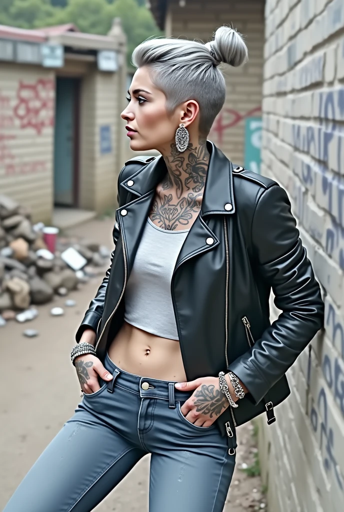 russian milf woman, grey hair (high pouf, shaved sides, bun), with very light blue eyes, extremely pale skin. All neck tattooed. All stomach tattoed. All chest tattooed.All hands tattooed.Wearing aged black moto jacket with lots of zippers and pins, flipped up collar. Cropped dark grey t-shirt with rock band logo. Dark blue skinny low rise jeans.. wide black studded belt. Leaning back on a graffitied brick wall with hands in pockets, chin up, stretching her neck , humble facial expression.. Listening with tilted head, looking up to somebody more clever speaking to her. Well toned abdominals, thin neck, slim legs and thin arms. Narrow hips. Dirt street in Kenyan village full of waste. Lots of silver bracelets. A lot of tanned fat women in traditional dresses around looking down at her