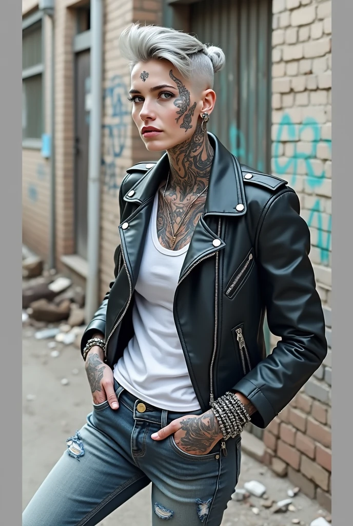 russian milf woman, grey  hair (high pouf, shaved sides, bun), with very light blue eyes, extremely pale skin. All neck tattooed. All stomach tattoed. All chest tattooed.All hands tattooed.Wearing aged black moto jacket with lots of zippers and pins, flipped up collar. Cropped dark grey t-shirt with rock band logo. Dark blue skinny  low rise jeans.. wide black studded belt. Leaning back on a graffitied brick wall with hands in pockets, chin up, stretching her neck , humble facial expression.. Listening with tilted head, looking up to somebody more clever  speaking to her. Well toned abdominals, thin neck, slim legs and thin arms. Narrow hips. Dirt street in Kenyan village full of waste. Lots of silver bracelets. A lot of tanned fat women  in traditional dresses around looking down at her