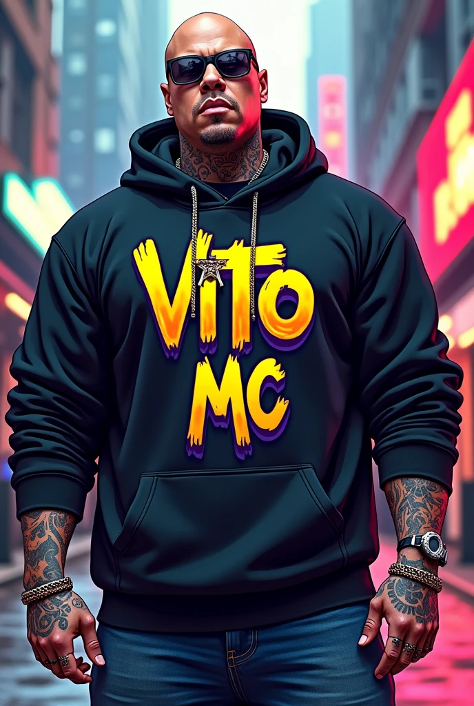 with a bald white rapper with tattoos and a thick build who has a sweatshirt with letters that say Vito Mc in a cartoonish GTA style