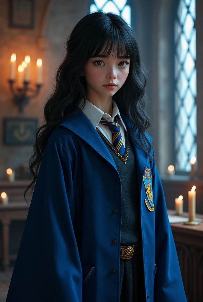 A girl wearing a Ravenclaw house dress like in Hogwarts, with jet-black hair and gray eyes.