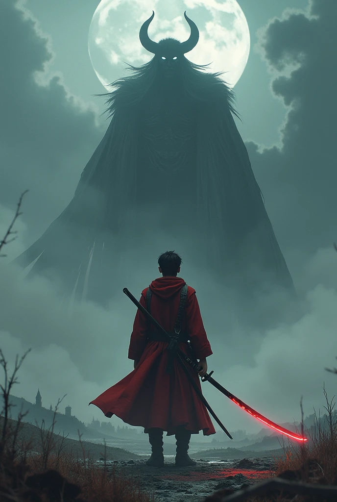 A 20 year old boy getting a katana in his hands and that katana contains a evil spirit after words that boy gets immense power up and than a evil show up after he fights the demon with all his might afterwards he defeated the demon now the king of the devil's Satan arrives with his army