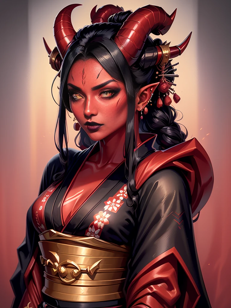1girl, female, solo, tiefling, ((red skin, red colored skin, deep red skin)), Woman, jewelery, ear piercings, (straight black horns, black oni horns), black hair, long hair, yellow eyes, black lips, choker, goth, horn ornament, armour, ((master piece, best quality)), horns, pointed ears, make-up, black lipstick, (face detailed), face focus, portrait, fully body, (kimono:1.2), wearing black kimono, long flowing kimono, natural breasts, medium breasts, (red skin)