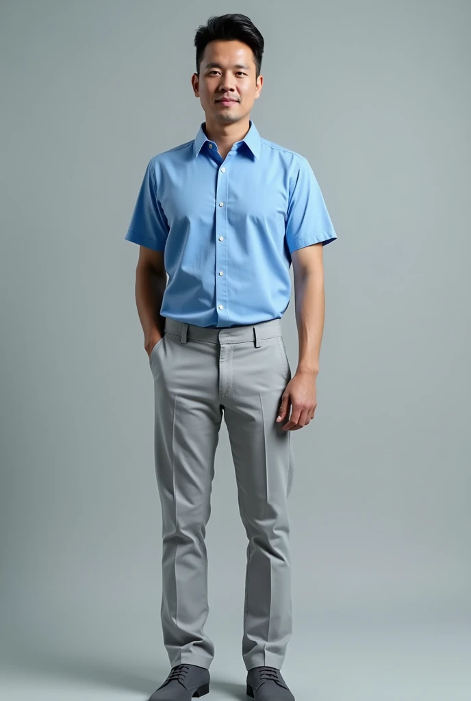 Semi-formal men's uniform with short-sleeved cyan blue shirt and light gray high-waisted pants