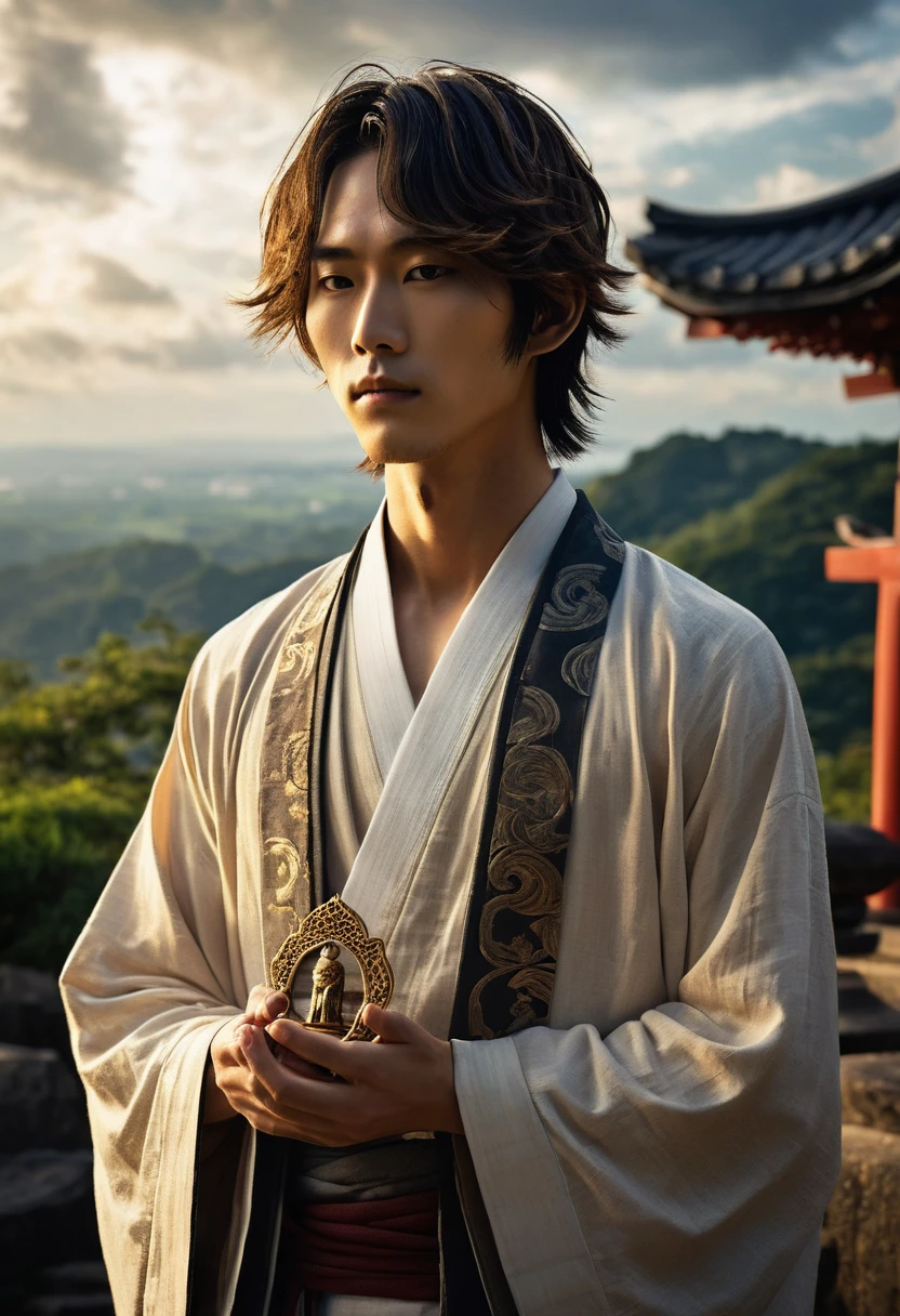Genius idol female Akechi stands once again at the ancient shrine, now bathed in the warm light of a setting sun. He holds the amulet close to his chest, a look of gratitude and peace on his face. The shrine and surrounding landscape are serene, with gentle rays of sunlight breaking through the clouds, symbolizing a new beginning. The composition captures both Takeru's growth and the tranquil beauty of his village restored to peace, intricate details High Quality, 8k, Realistic, Ultra-Detailed, Dramatic Lighting, Soft Focus, Digital Illustration, Intense Expression, Strong Gaze, Intense Emotion, Complex Mechanics, Advanced Technology, Dark Background, Cinematic, High Contrast, Moody, Strict, Atmosphere, (Best Quality, 4k, 8k, High Definition, Masterpiece: 1. 2 ), ultra-detailed, (realistic, graphic, photorealistic:1.37) --no glass