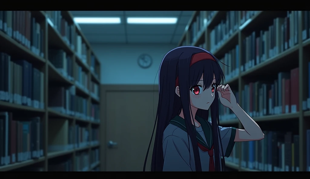 May ((A female student with long, dark purple hair that reaches the middle of her back. She always wears a red headband)) suddenly suddenly wakes up to a strange noise. She rubs her eyes and looks around the library, which now seems different. The dim lights create a scary atmosphere. She feels uneasy and notices that more time has passed than she thought.