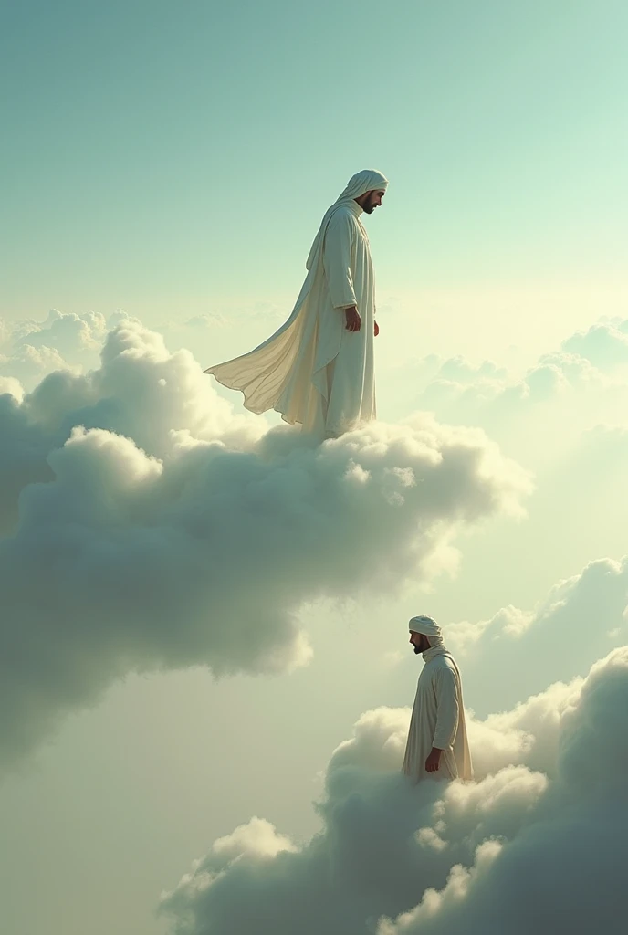 A Muslim man is standing on a cloud in the sky, and he is looking at a Muslim man on the ground, and this is happening in a dream.