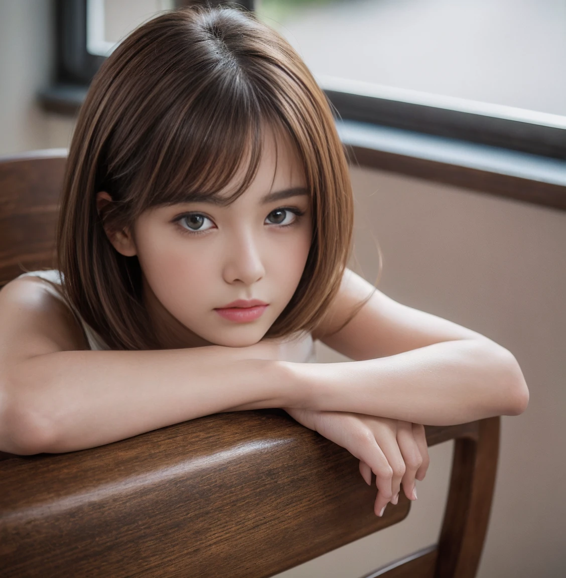 8k,Highest quality, masterpiece, Ultra-high resolution, (Realistic:1.4), RAW Photos, (Real skin texture:1.3), (Film Grain:1.3), (Selfie angle),One person, One-Pun Hairstyle, Brown Hair, Sitting, Chair, boredom, Hand supporting chin, Beautiful and detailed eyes and face,masterpiece, Highest quality,close,Upper Body,