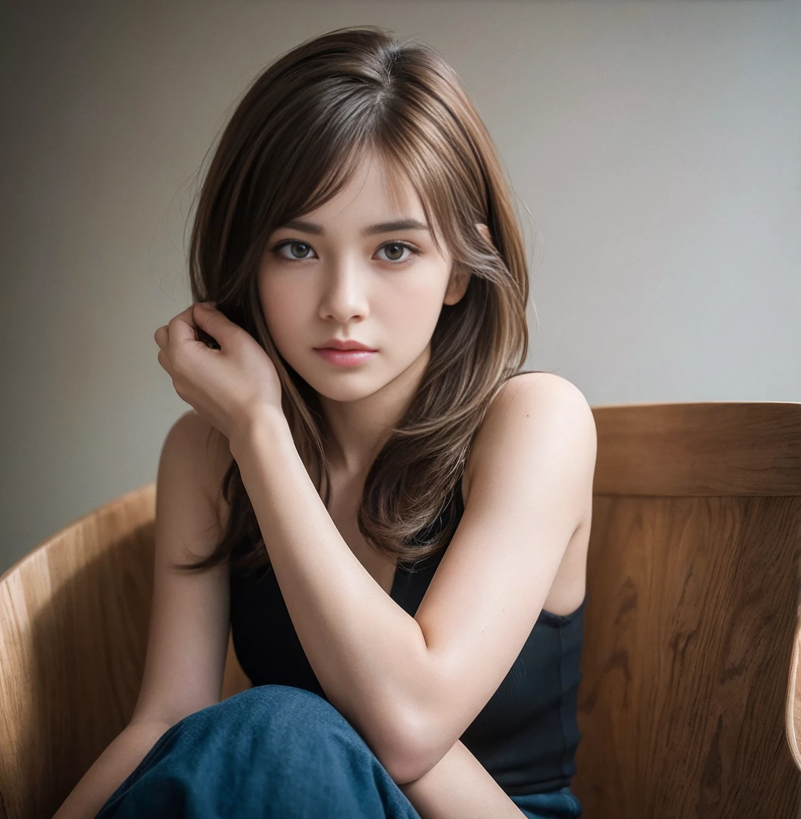 8k,Highest quality, masterpiece, Ultra-high resolution, (Realistic:1.4), RAW Photos, (Real skin texture:1.3), (Film Grain:1.3), (Selfie angle),One person, One-Pun Hairstyle, Brown Hair, Sitting, Chair, boredom, Hand supporting chin, Beautiful and detailed eyes and face,masterpiece, Highest quality,close,Upper Body,