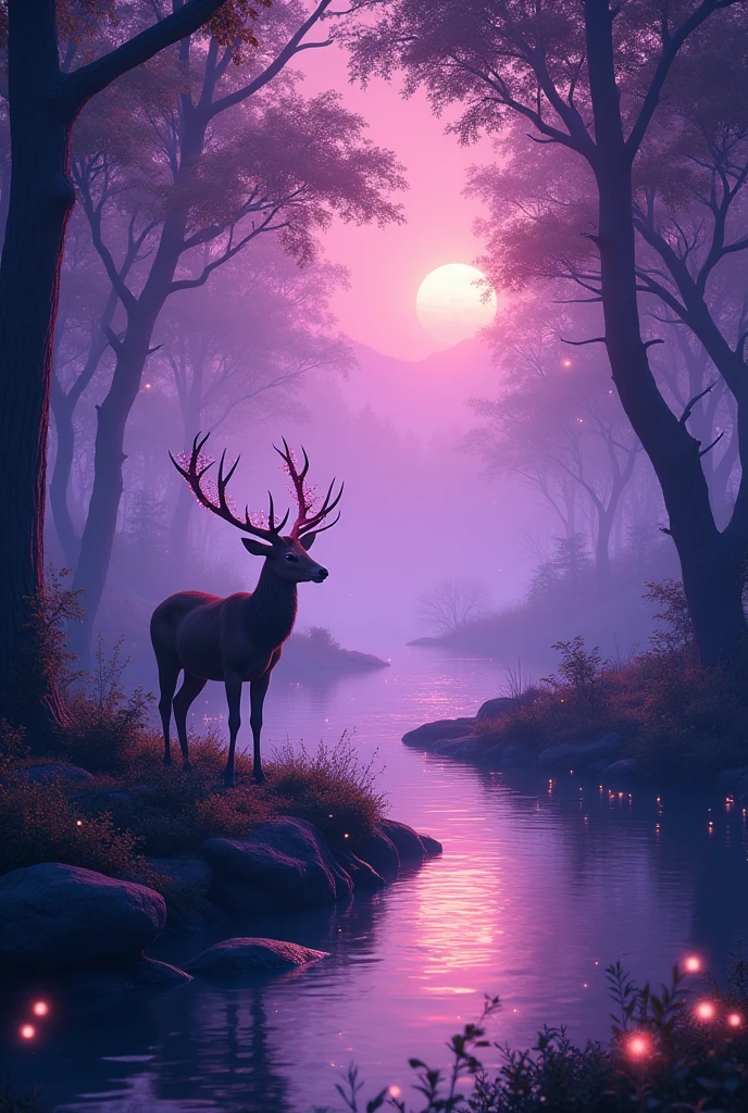 Enchanted Forest with lots of fireflies with a Deer at the side and river across. Make the scenery color purple pink and nature green. With a text "MARAHUYO" 