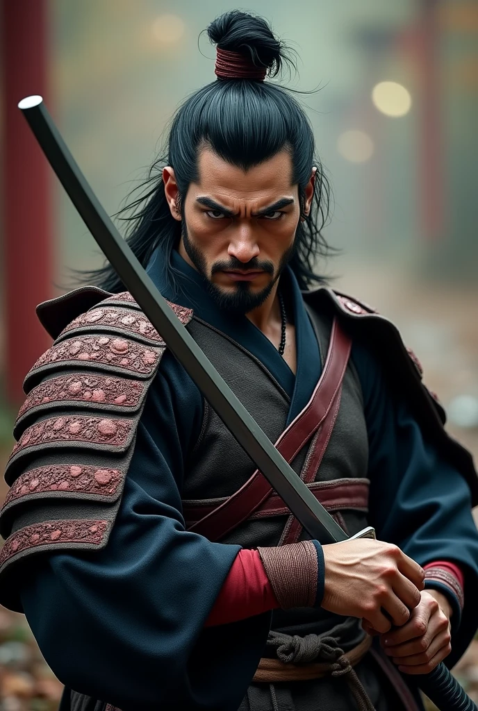 samurai warrior, ((masterpiece, highest quality, Highest image quality, High resolution, Raw photo, 8K)), ((Extremely detailed CG unified 8k wallpaper)), (huge stunning warrior shot, full body, musclural body beauty:1.4), black hair, black hair, nervous, Posing for the camera, In a warrior fighting stance, stern expression, unkempt hair, and wearing traditional samurai attire. He carried two swords—a katana and a wakizashi—and had a rugged, battle-hardened look., photorealistic, 16k, 8k, 4K, award winning