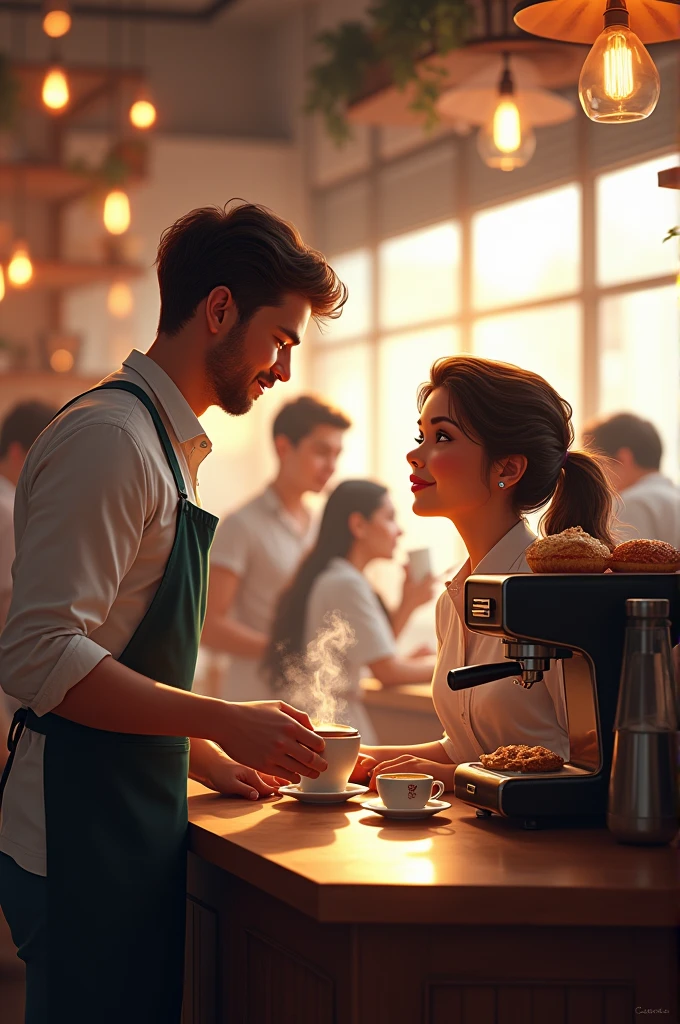 coffee barista with the customer talking inside the cafe with people surrounded talking