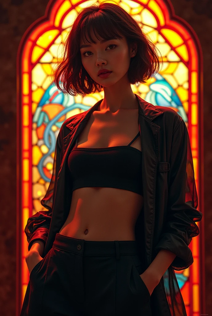 a beautiful japanese woman, short wavy hair, perfect figure, medium breast, wearing a crop tees, jacket, trousers, dynamic pose, stained glass with hexagonal form and dolphin motif, dynamic light and shadow, (best quality,4k,8k,highres,masterpiece:1.2),ultra-detailed,(realistic,photorealistic,photo-realistic:1.37),intricate detailed stained glass,warm lighting,dramatic lighting and shadows,vibrant colors,elegant,cinematic,detailed facial features,detailed clothing folds,detailed expression,dynamic composition