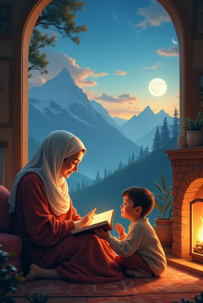 A Islamic child is sitting next to his Islamic religion grandmother in the living room, see is mountains where the fireplace is radiating warmth, and the grandmother has a book in her hand. She wants to hear her little son, the parasite, the parasite. The sky, the planets, the stars, the moon, and you with the trees and mountains shining through the window of the room.