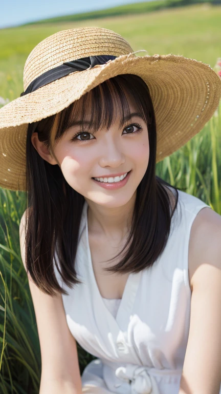 (Highest quality,masterpiece:1.3,Ultra-high resolution),(Very detailed,Caustics,8k),(Realistic:1.4,RAW shooting),1,cute,Japanese,Straw hat,Black hair medium hair,(one piece),(smile),Looking into the camera,blue sky,sun,(Top of the Hill),(Tall green grassland:1.1),(Sit on the grass),(Ground level shot:1.1),(Waist up shot),(Face Focus),(Face close-up),(Low position:1.2),(Low Angle:1.2),Natural light