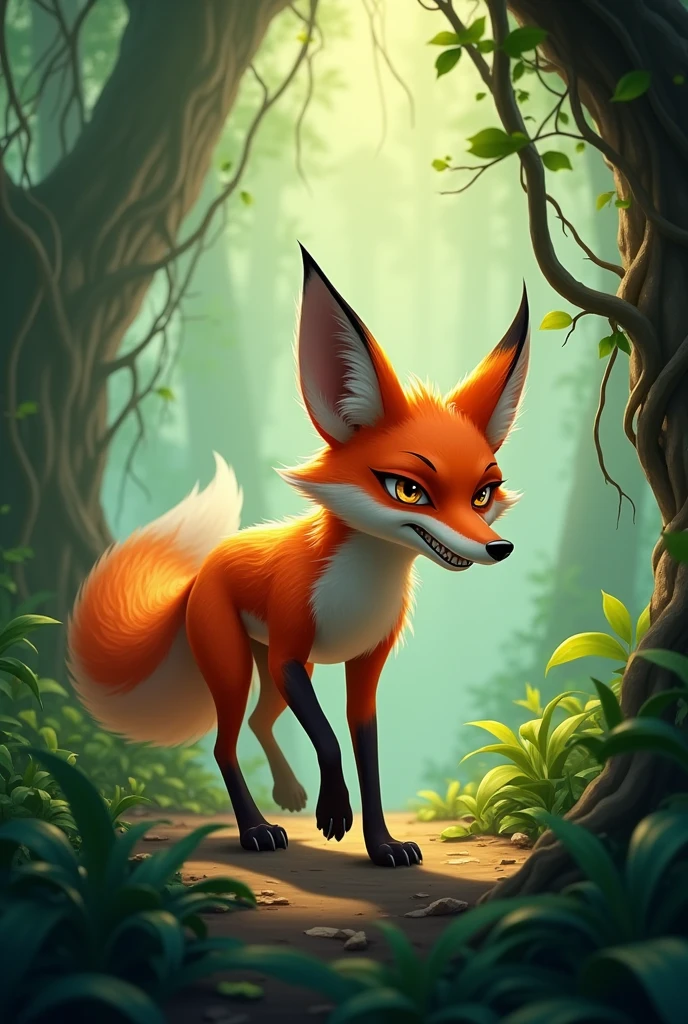 The clever fox walking through the jungle, with a cunning smile on its face.