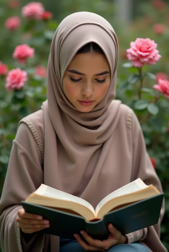Generate the realistic image of the Muslim woman of 1 who is studying the anatomy book in the Rose garden