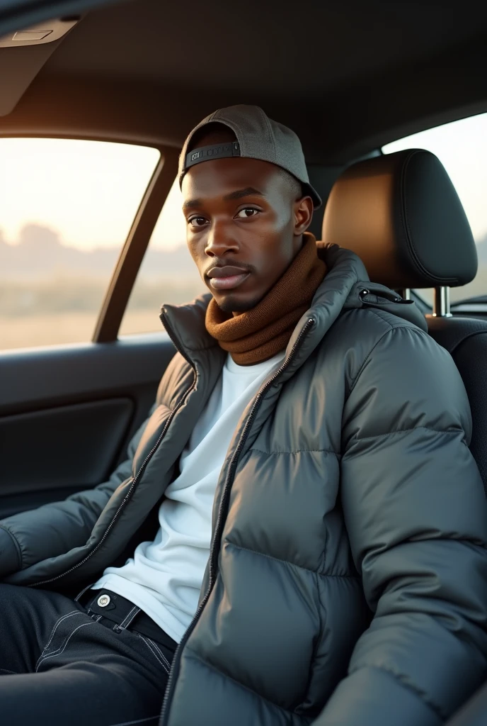 best qualityer:1.4), (ultra high resolution:1.2), (photorrealistic:1.4), (8k, CRU photo:1.2), ung black man, 20 years old. he is wearing a white shirt, gray puffer coat on top. He is wearing black jeans. Corte de cabelo buzzcut. He's wearing a gray cap backwards. He's wearing black sneakers. He is sitting in the back seat of the car. Corte de cabelo buzzcut. thin build. It's not blurry in the background. thin build. thin build. has 1.75 tall. There is a sun . best qualityer:1.4), (ultra high resolution:1.2), (photorrealistic:1.4), (8k, CRU photo:1.2), 1.75 tall. He is wearing a brown scarf
