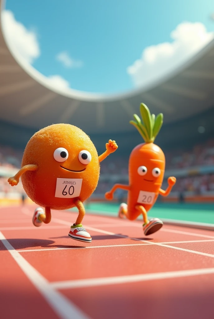 1 gulab jamun with legs running racing against 1 carrot with legs in olympics 100m running race