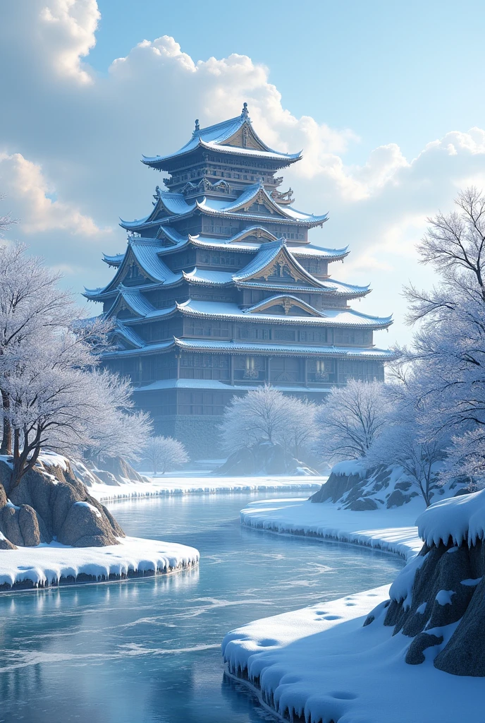 Highest quality,Ultra HD,(detailed),(masterpiece),(Highest quality),Japanese Castle,((Snow Scenery)),frozen rivers,