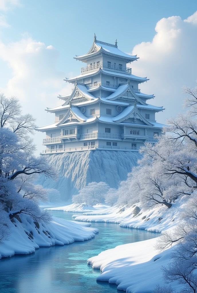 Highest quality,Ultra HD,(detailed),(masterpiece),(Highest quality),Japanese Castle,((Snow Scenery)),frozen rivers,